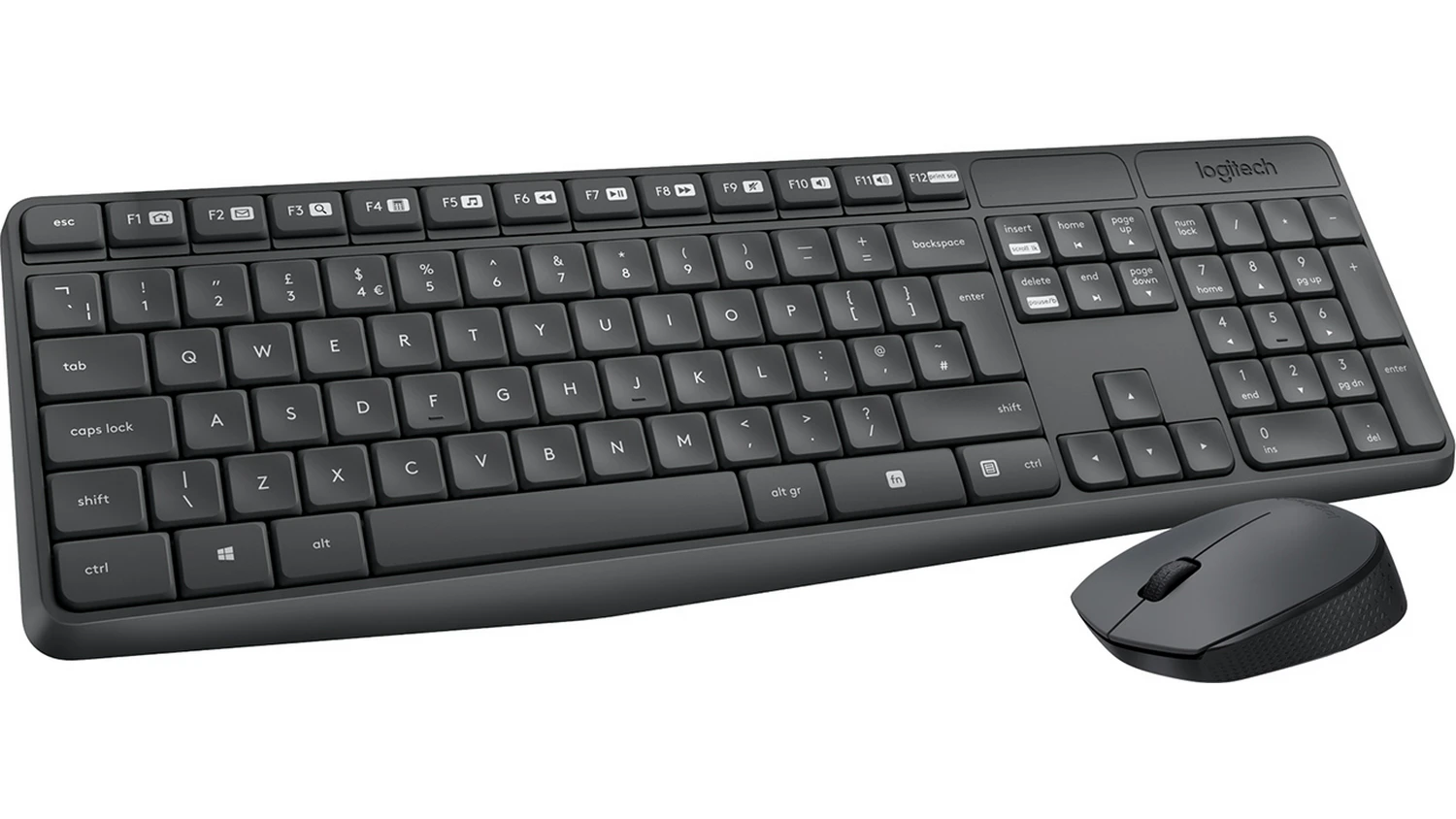 PC klávesnice s myší Logitech MK235 na bílém pozadí z boku