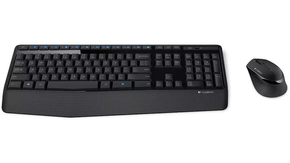 Bezdrôtová sada klávesnice a myši Logitech MK345 na bielom pozadí zobrazujúca kompletný set s numerickou klávesnicou