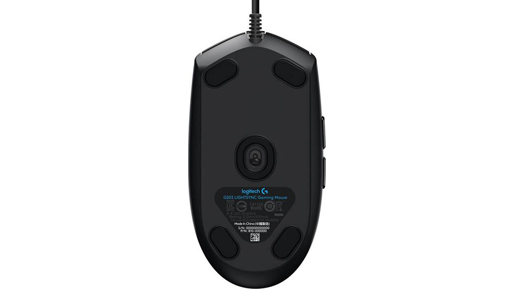 Spodn&iacute; pohled na hern&iacute; my&scaron; Logitech G203 LIGHTSYNC.