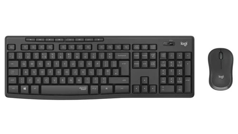 Sada klávesnice s myšou Logitech Silent MK295 na bielom pozadí ukazujúca kompletnú bezdrôtovú sadu