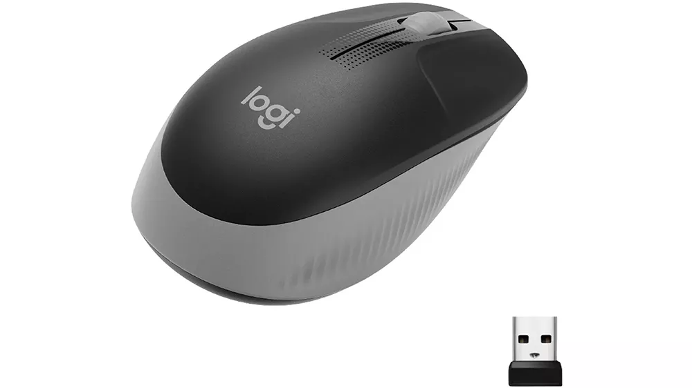 Myš Logitech M190 Full-size Wireless Mid Grey na bílém pozadí zobrazující ergonomický design a bezdrátové provedení