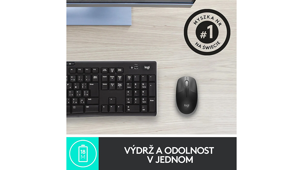Myš Logitech M190 Full-size Wireless Mid Grey demonstrující intuitivní tříklávesové ovládání a bezdrátovou svobodu