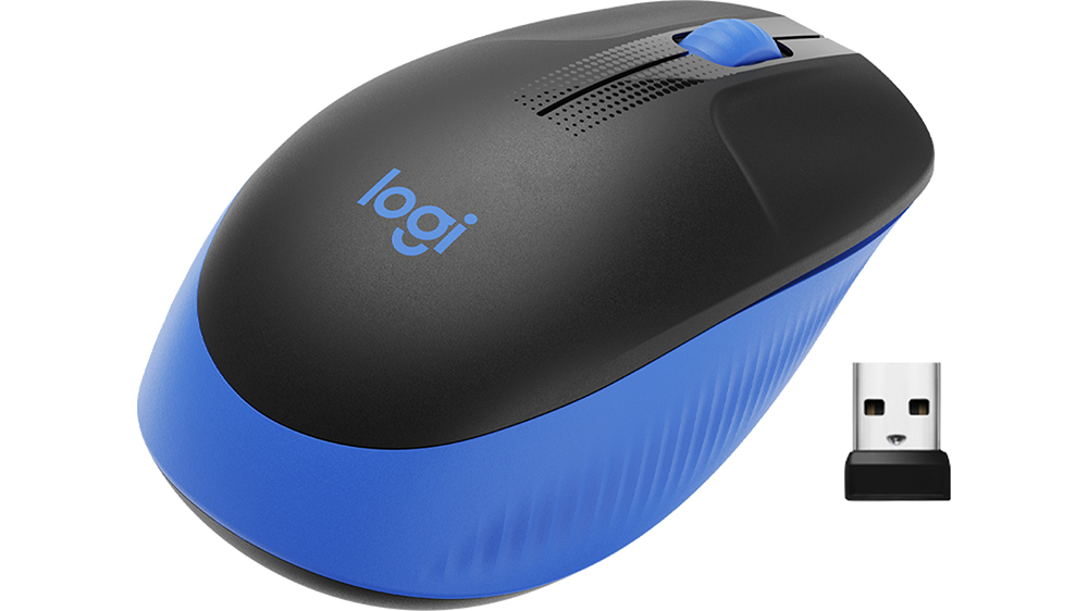 Myš Logitech M190 blue na bílém pozadí s USB přijímačem
