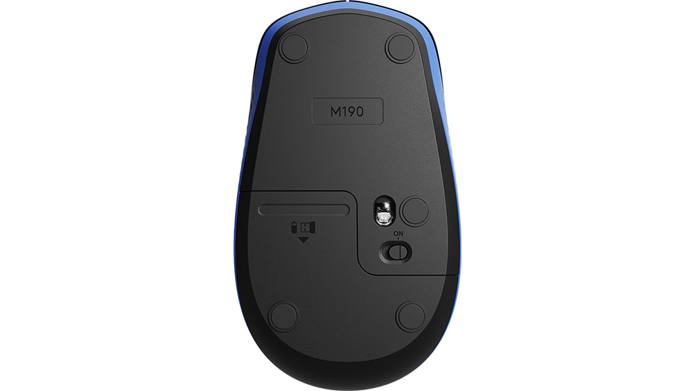 Myš Logitech M190 blue demonstrující umístění programovatelných tlačítek pro snadné ovládání
