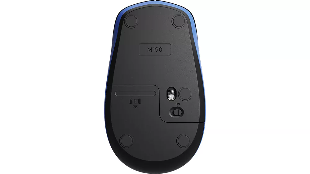 Myš Logitech M190 blue demonštrujúca umiestnenie programovateľných tlačidiel pre jednoduché ovládanie