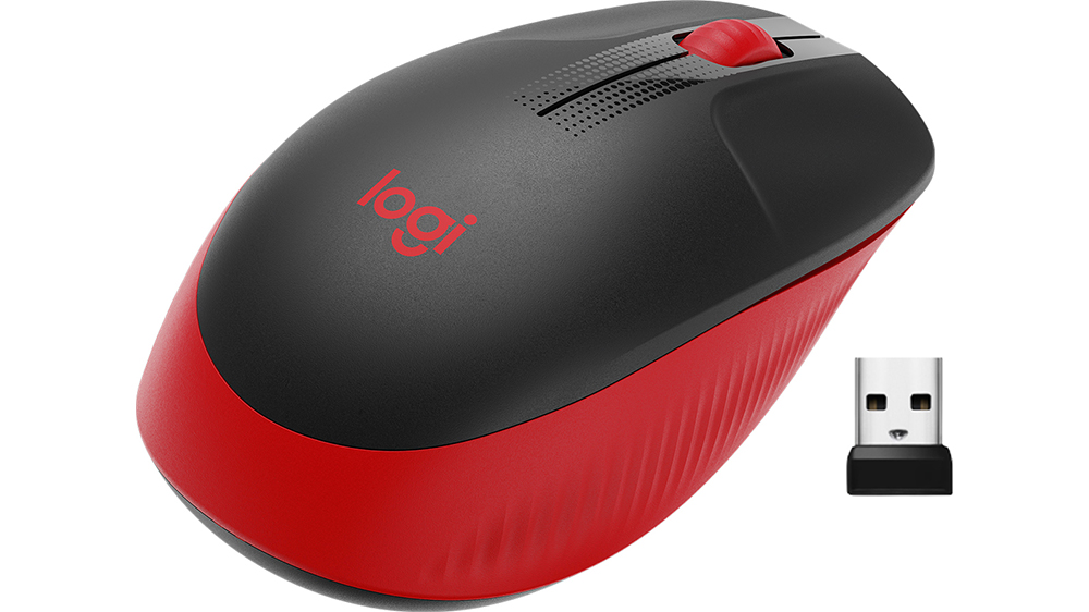 Myš Logitech M190 červená na bílém pozadí zobrazující ergonomický design a bezdrátové provedení