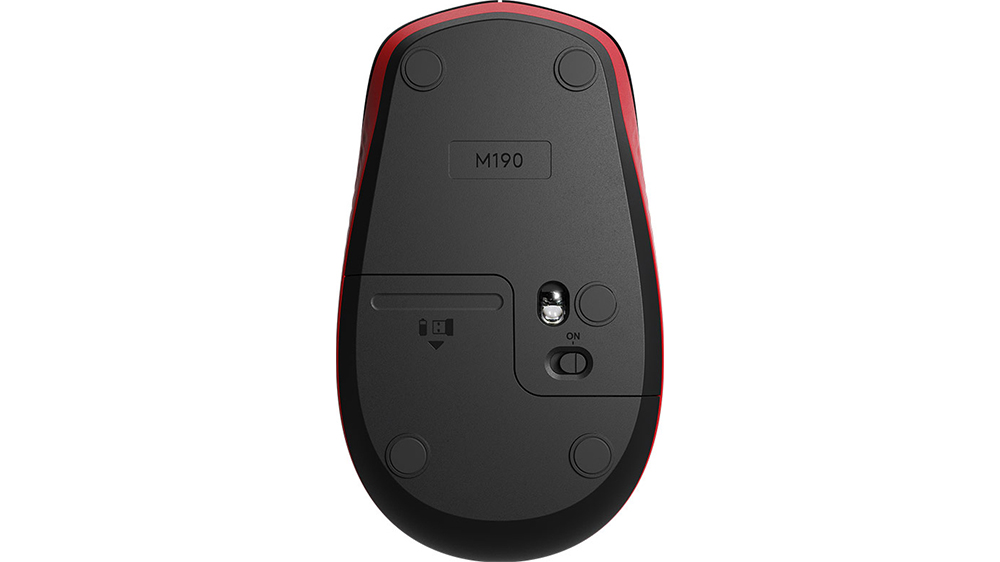 Myš Logitech M190 červená s miniaturním USB přijímačem ukazující jednoduché bezdrátové připojení