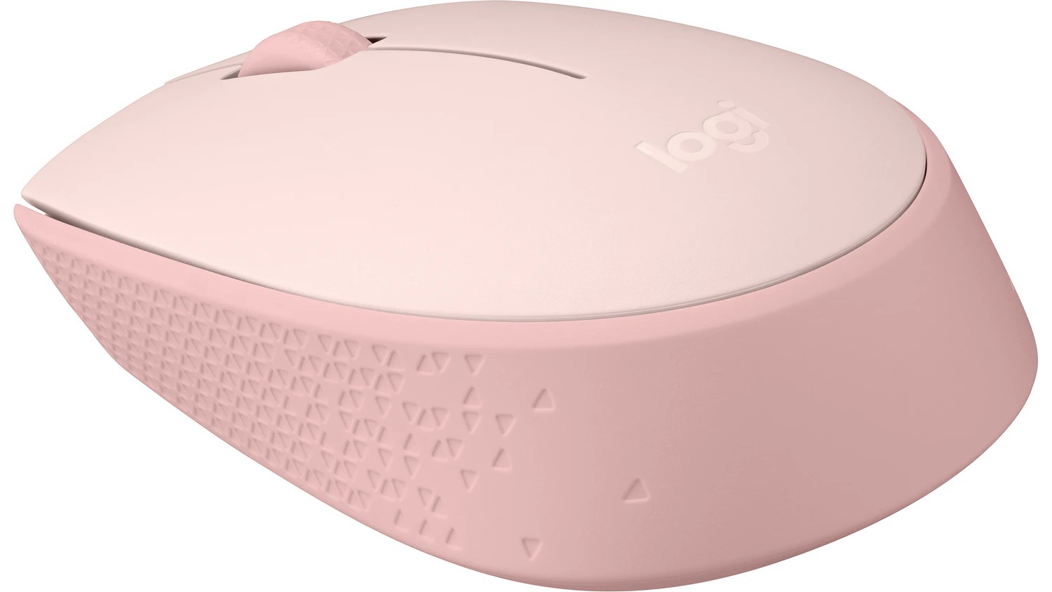 Bezdrátová myš Logitech M171 Rose na bílém pozadí zobrazující elegantní růžový design s optickým senzorem