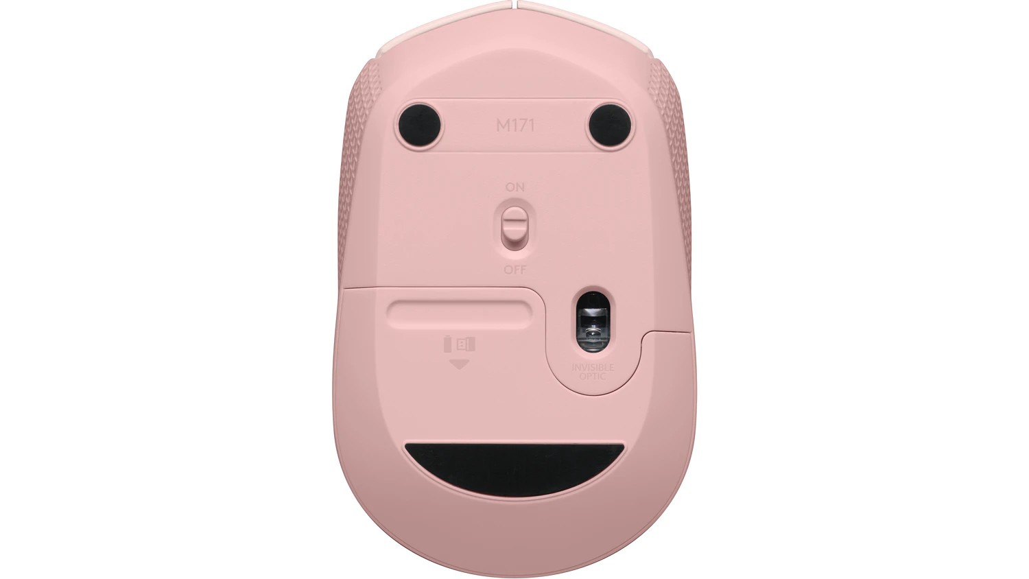 Bezdrátová myš Logitech M171 Rose s názorným zobrazením programovatelných tlačítek a připojení USB přijímače