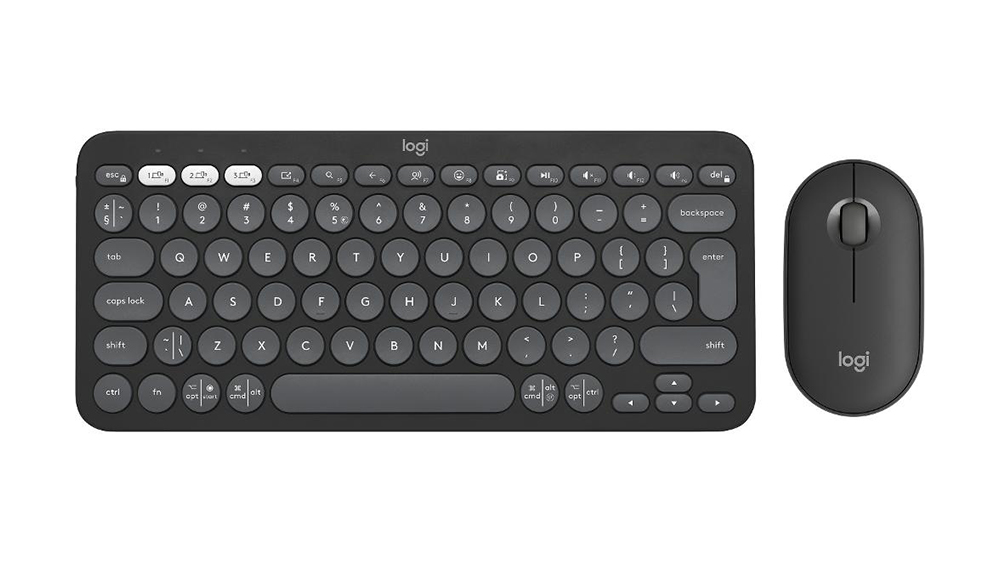 Sada klávesnice s myší Logitech Pebble 2 Combo Graphite na bílém pozadí zobrazující kompletní set v grafitové barvě