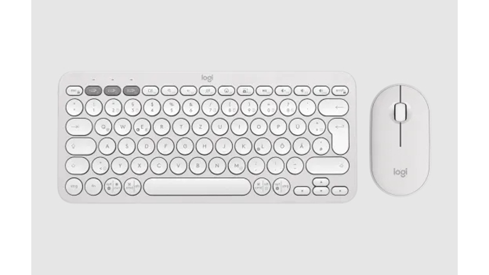 Sada klávesnice s myšou Logitech Pebble 2 Combo 920-012240 na bielom pozadí zobrazujúca kompletný set s moderným dizajnom