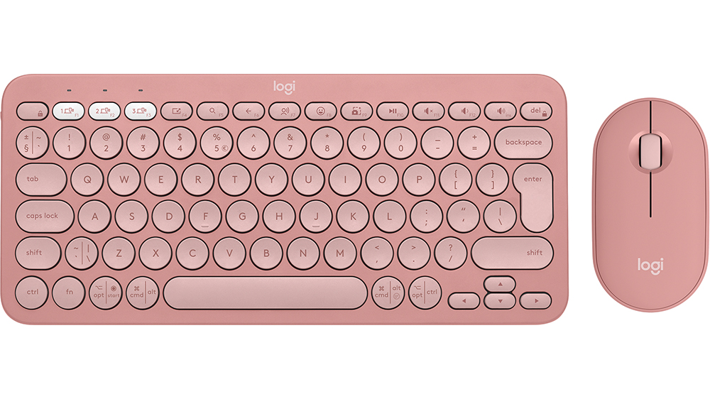 Sada klávesnice s myší Logitech Pebble 2 Combo Rose v růžovém provedení na bílém pozadí