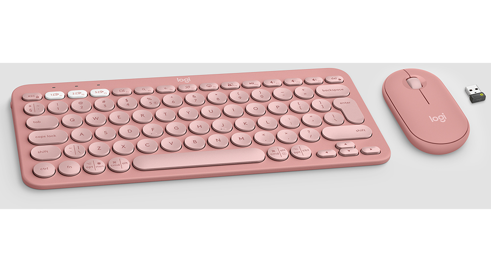 Sada klávesnice s myší Logitech Pebble 2 Combo Rose demonstrující bezdrátové připojení a pokročilé funkce