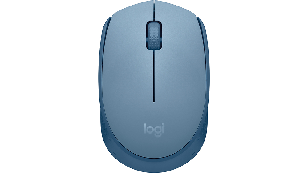 Myš Logitech M171 Blue Grey na bílém pozadí zobrazující kompaktní bezdrátový design s optickým senzorem