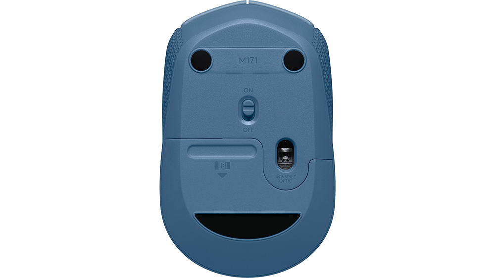 Myš Logitech M171 Blue Grey demonstrující ergonomický ambidextrální tvar vhodný pro dlouhodobé používání