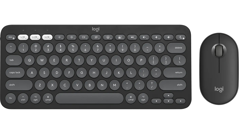 Sada klávesnice s myší Logitech Pebble Keys 2 K380s a Mouse 2 M350s Combo for Mac na bílém pozadí