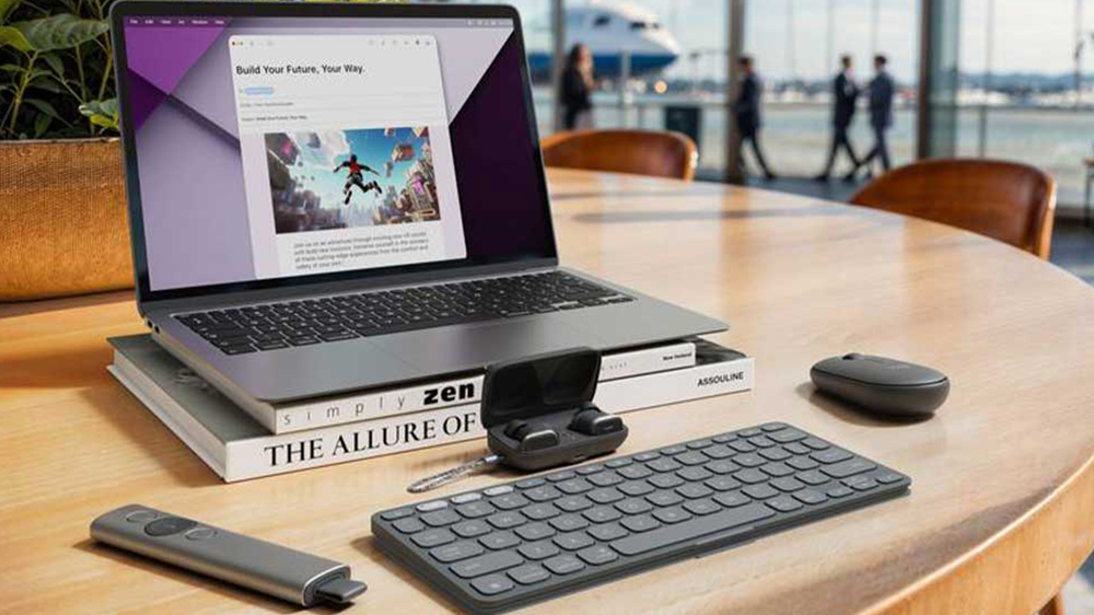 Bezdrátová klávesnice Logitech Keys-To-Go 2 s myší instalovaná na stole_02