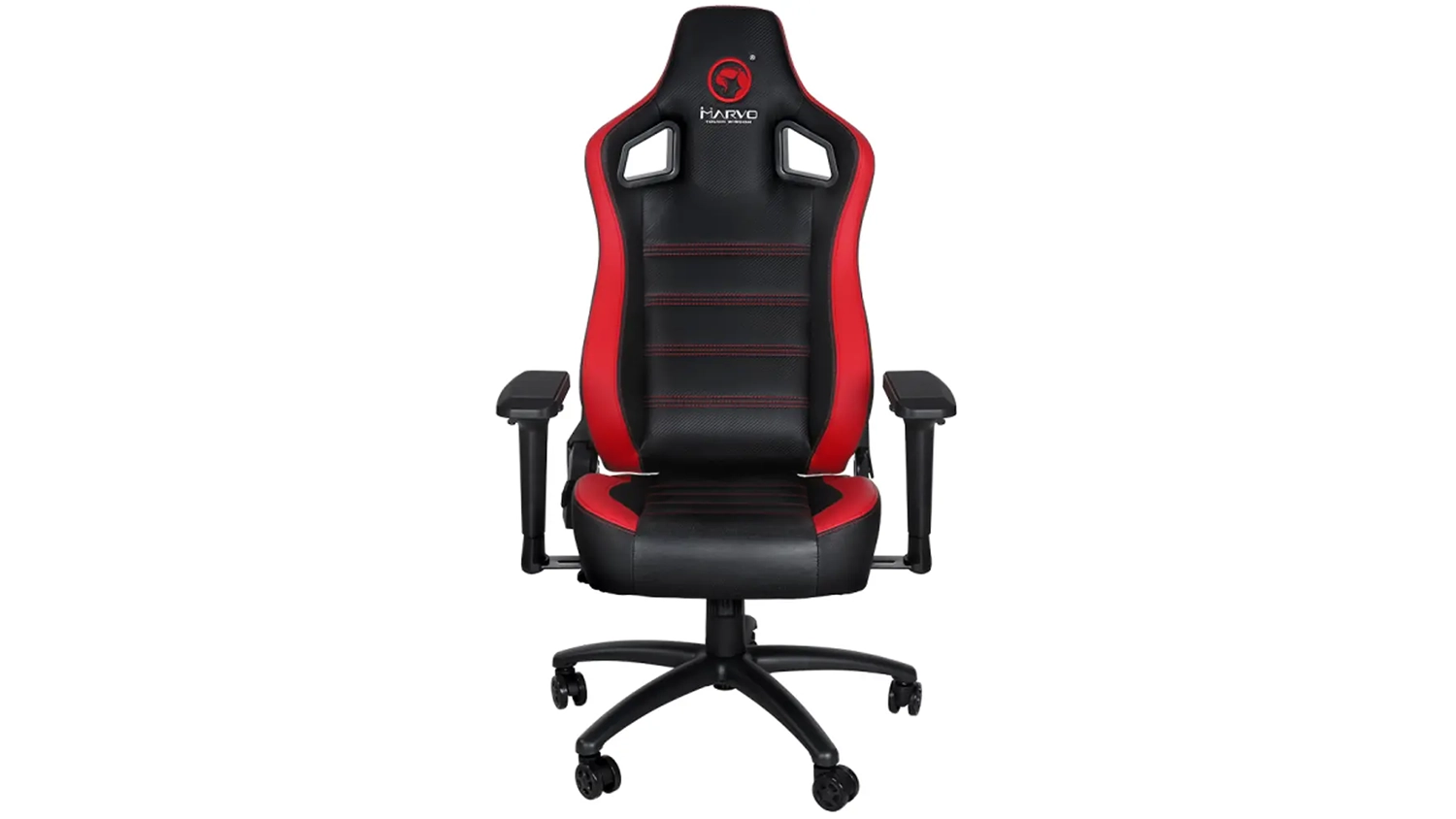 Marvo CH-118 herní židle černá a červená na bílém pozadí zobrazující celkový design s červenou a černou barevnou kombinací