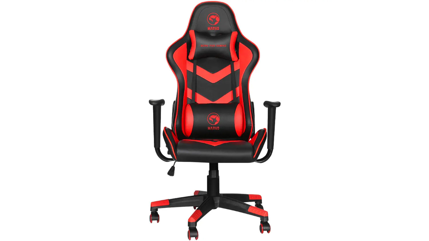 Marvo Scorpion CH-106 Herac Chair červené na bílém pozadí ukazuje celkový sportovní design a červené čalounění