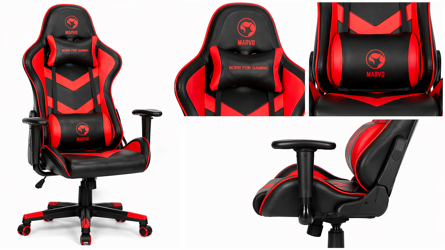 Marvo Scorpion CH-106 Herring Chair Red s detailem pro odnímatelné polštáře a nastavitelné opěrky rukou pro maximální pohodlí