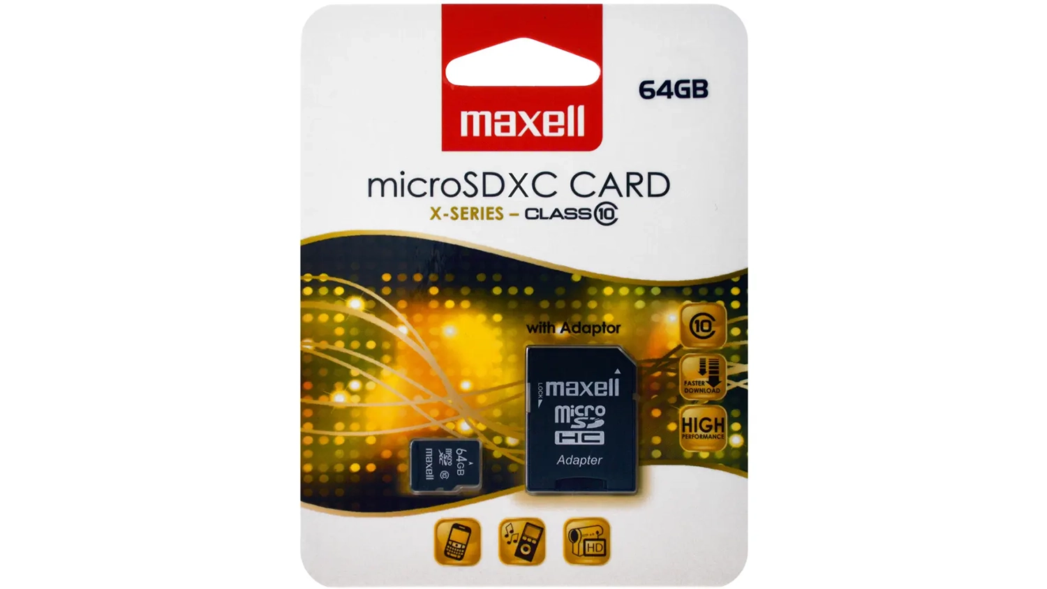 Paměťová karta MicroSDXC Maxell 854988 64GB Class 10 na bílém pozadí