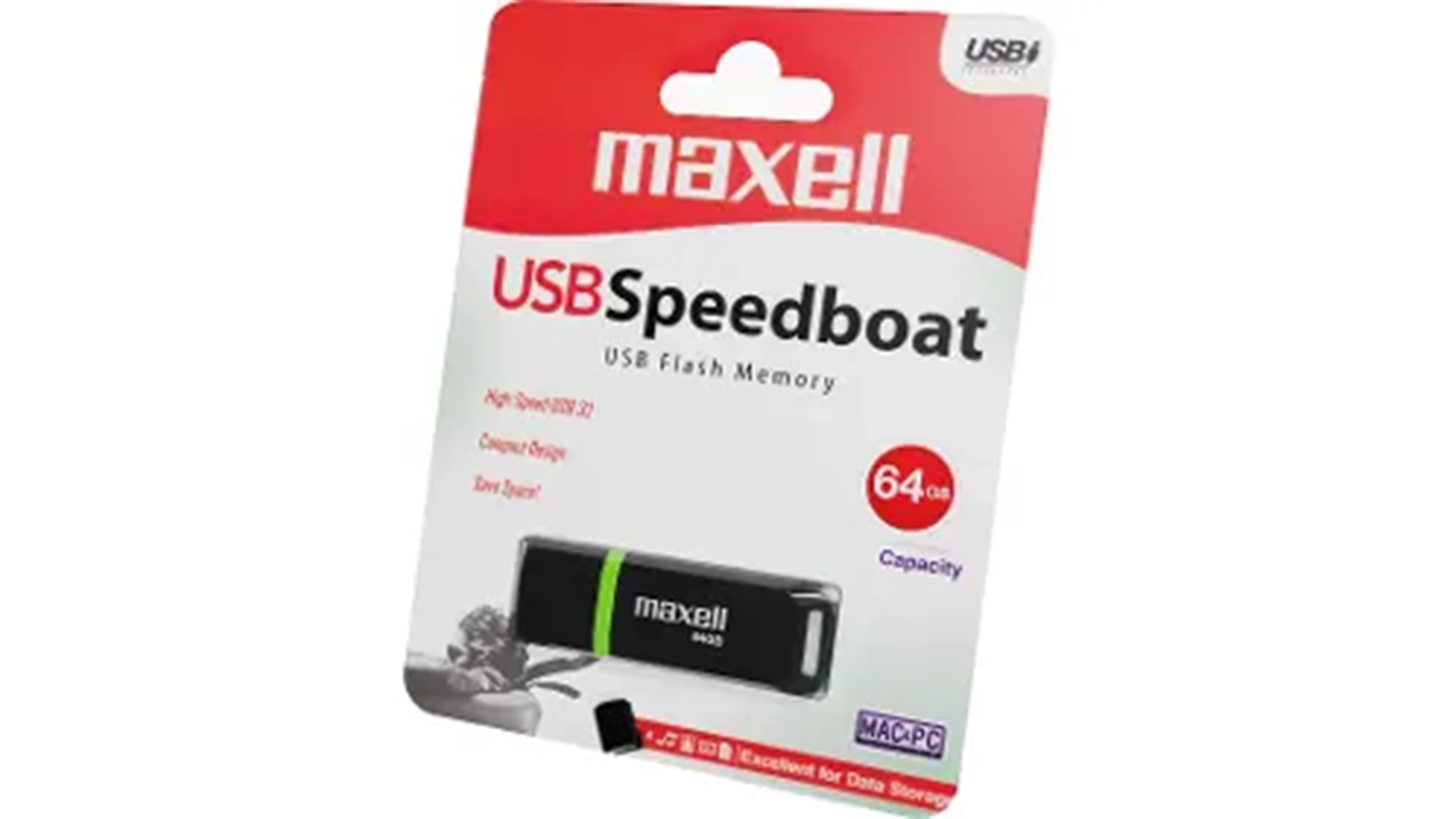 Flash disk Maxell Speedboat 64GB USB 3.1 na bílém pozadí v krabičce