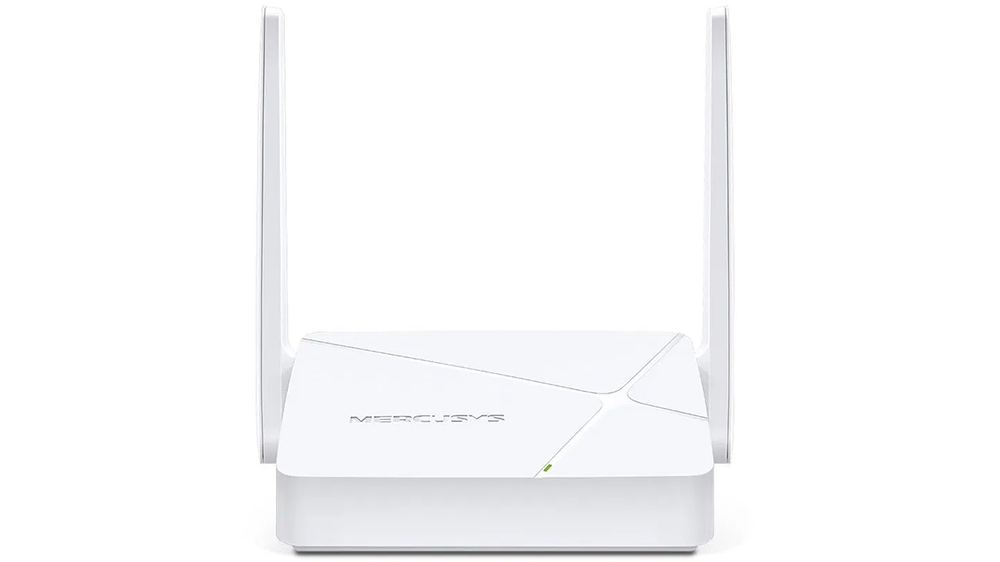 Router Mercusys MR20 AC750 na b&iacute;l&eacute;m pozad&iacute; zobrazuj&iacute;c&iacute; kompaktn&iacute; design se dvěma ant&eacute;nami