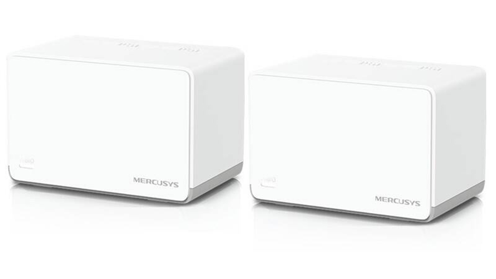 Sada mesh Wi-Fi 6 AX1800 Mercusys Halo H70X (2-pack) na bílém pozadí zobrazující elegantní design routerů