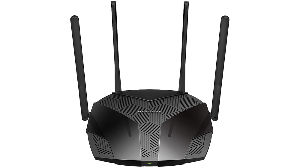 Router Mercusys MR80X AX3000 Dual-Band Wi-Fi 6 na bílém pozadí zobrazující celkový design zařízení