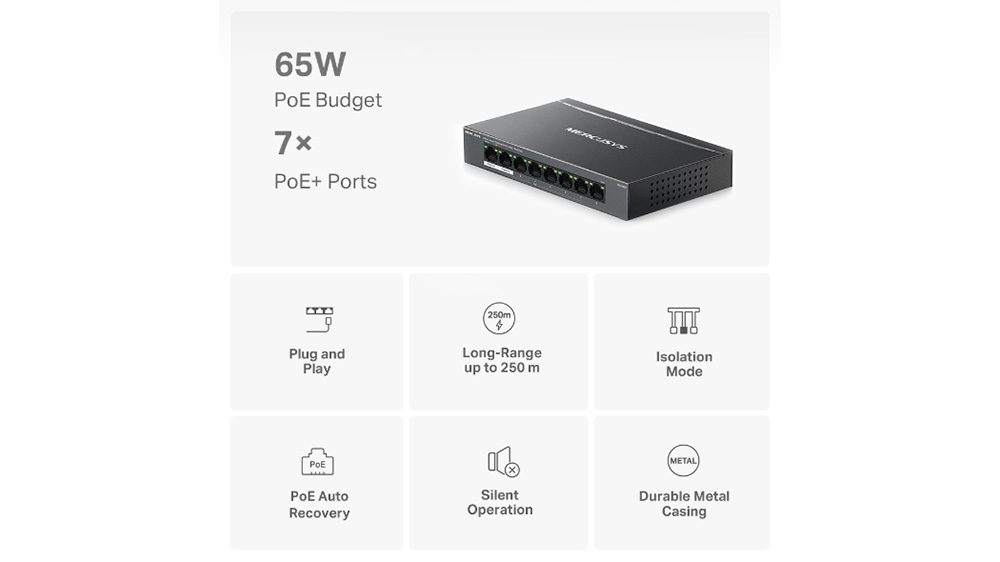 Switch Mercusys MS108GP PoE+ parametry