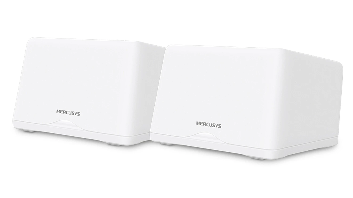 Mesh systém Mercusys Halo H47BE 2-pack na bílém pozadí zobrazující obě kompaktní jednotky pro domácí síť