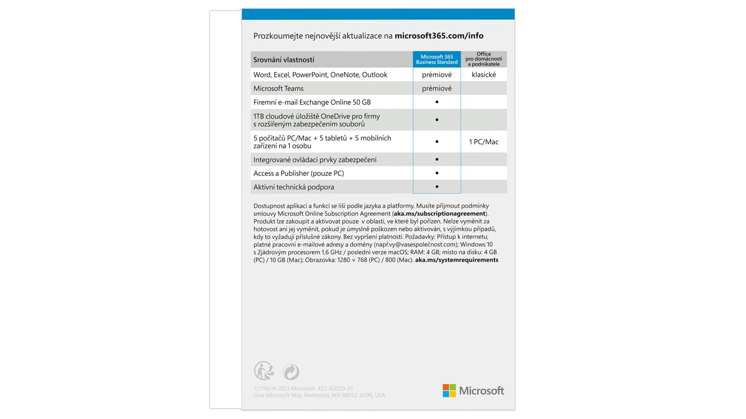 Kancelářský balík Microsoft Office 365 Business Standard srovnání vlastností