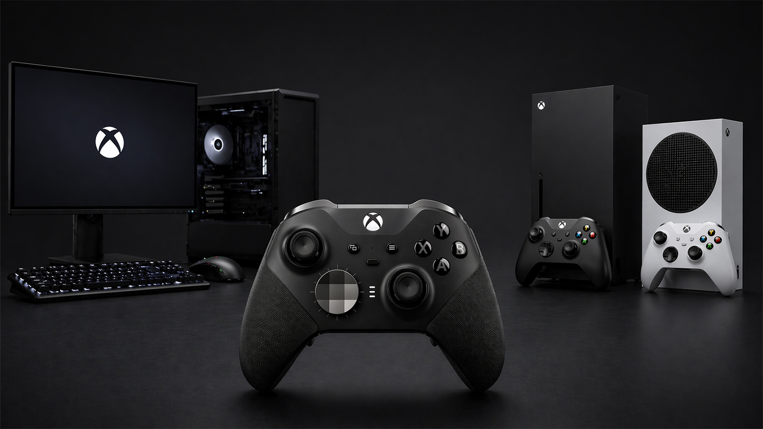 Microsoft Xbox Elite Series 2 herní ovladač připojený k různým herním platformám ukazující univerzální kompatibilitu