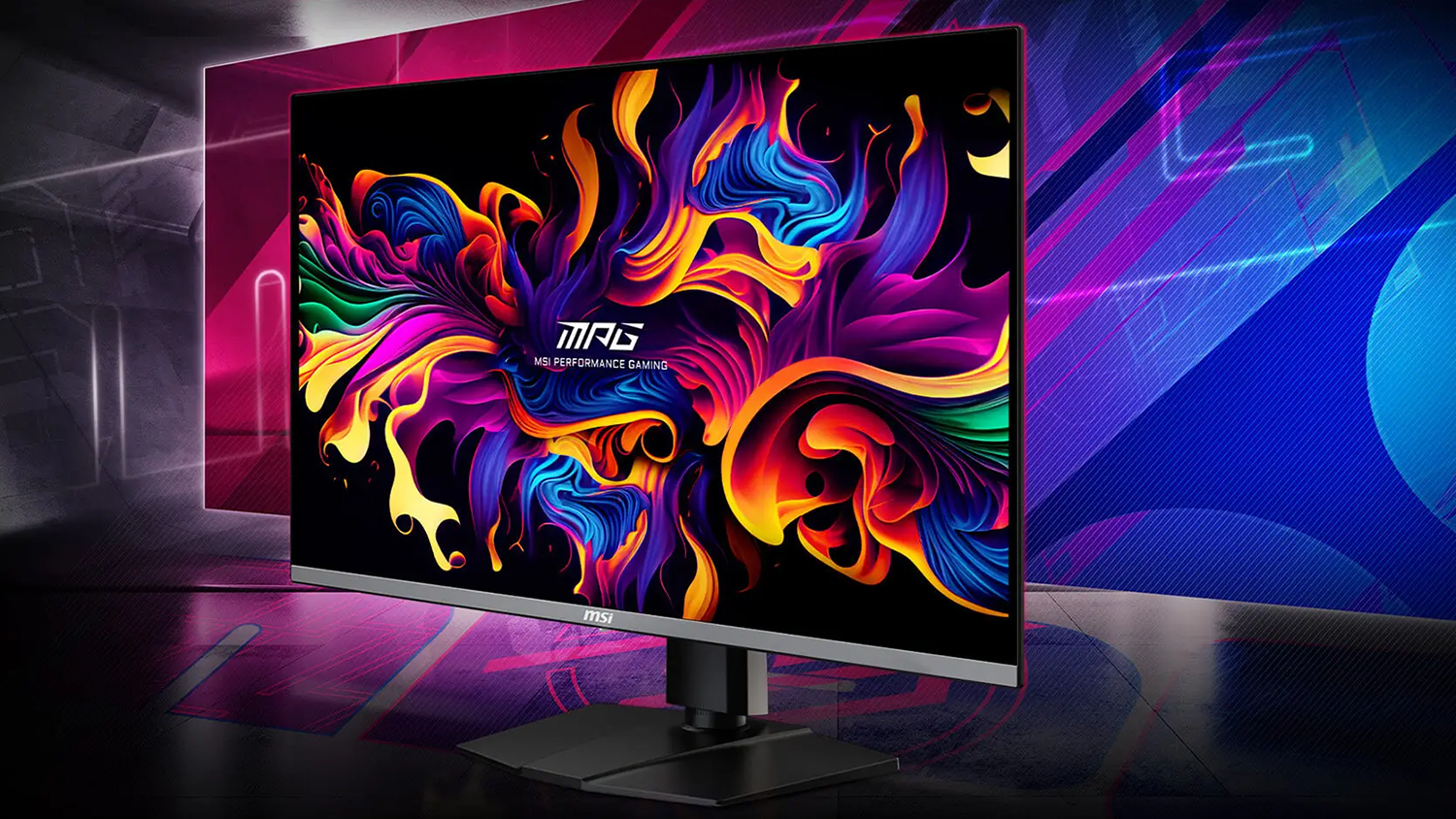 Herní monitor MSI MPG 321URX QD-OLED na výrazném pozadí_