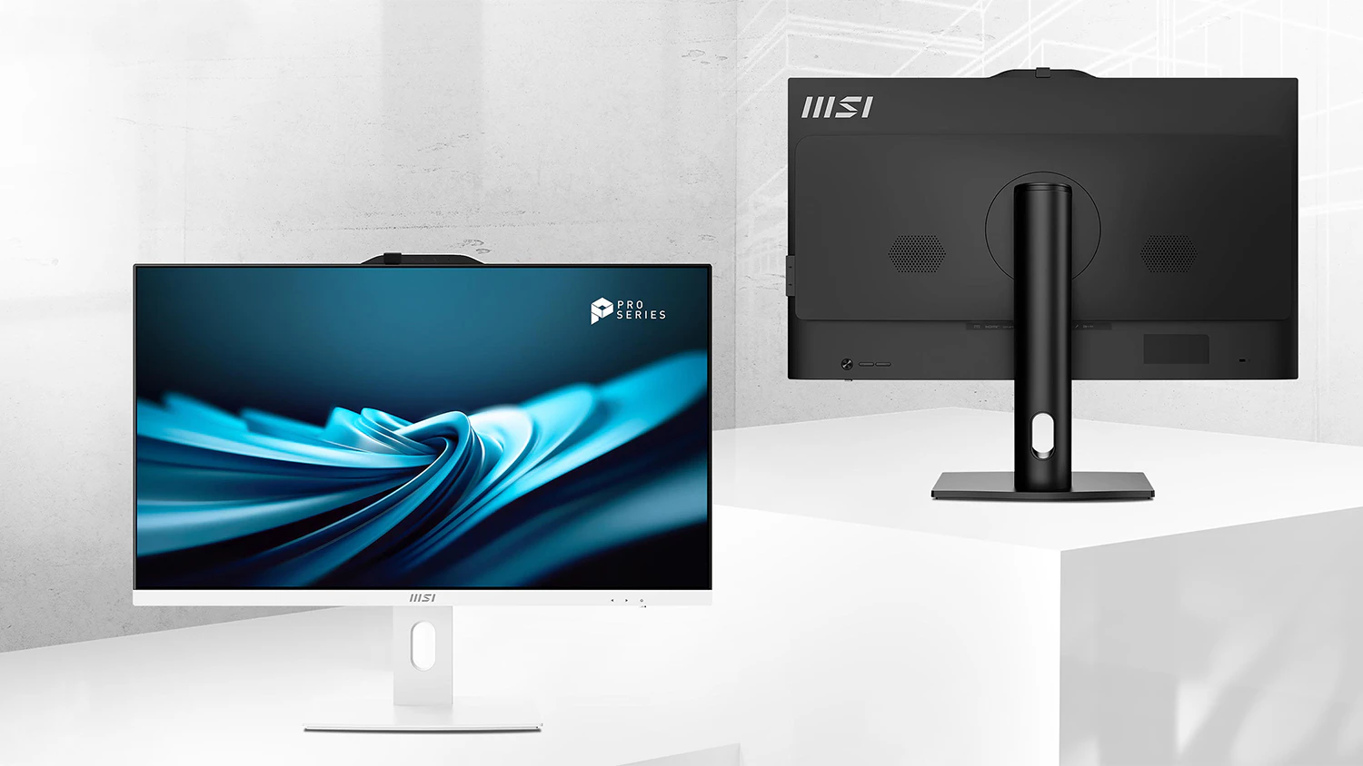Dva AIO počítače MSI PRO AP272P na podstavcích
