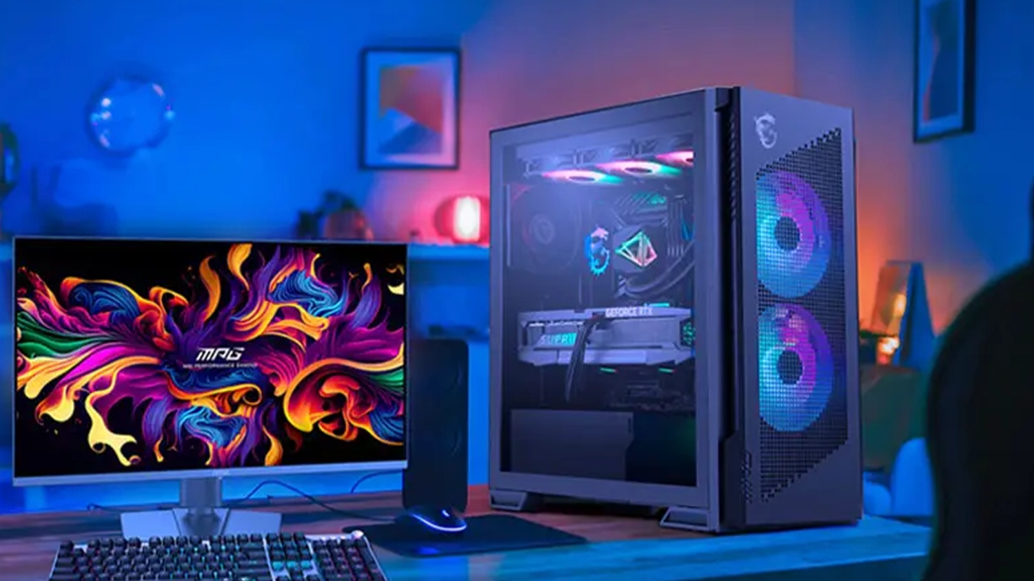 Herní monitor MSI MAG 321UP QD-OLED X24 na herním stole