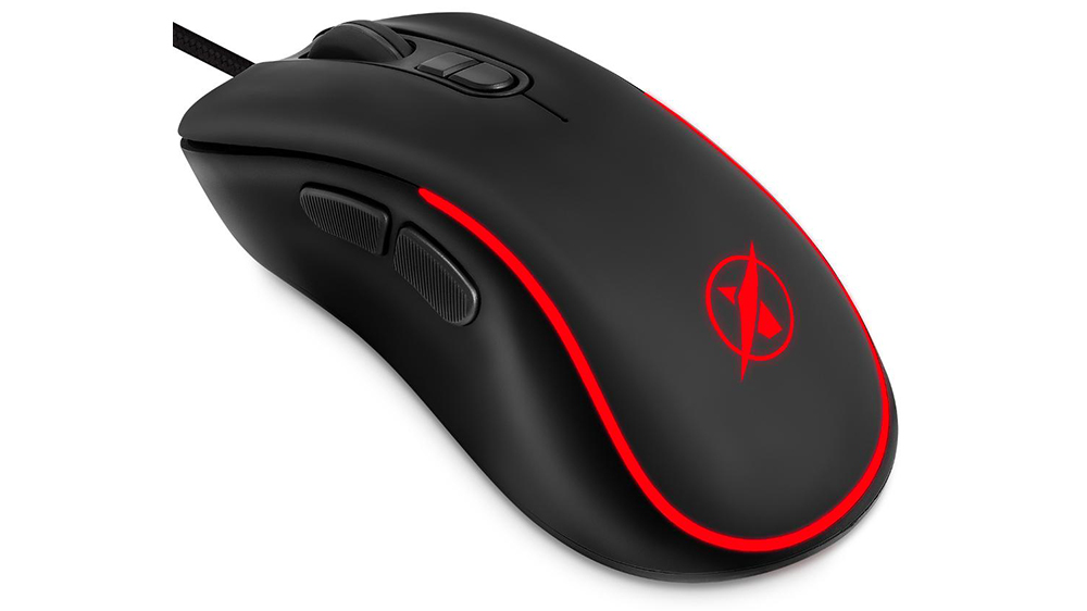Herná myš Niceboy ORYX M300 Duke čierna na bielom pozadí zobrazujúca ergonomický dizajn a RGB podsvietenie