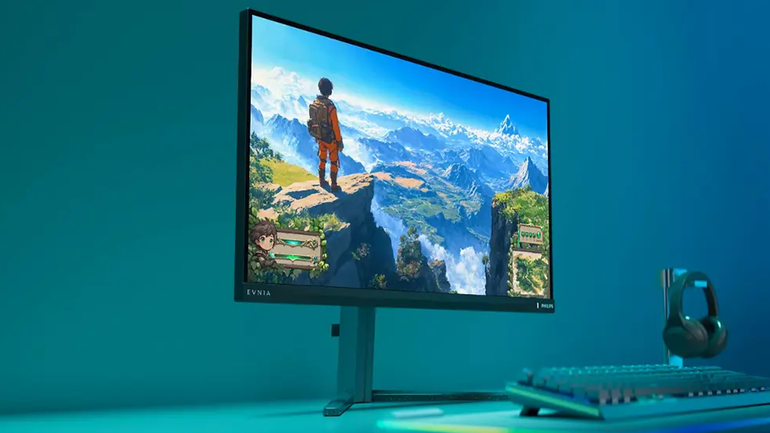 LED monitor Philips 27M2N3800A/00 vedle kl&aacute;vesnice a sluch&aacute;tek