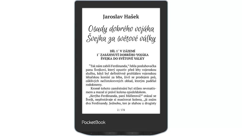 Č&iacute;tačka kn&iacute;h PocketBook Verse Bright Blue na bielom pozad&iacute; zobrazuj&uacute;ca elegantn&yacute; modr&yacute; dizajn a čist&yacute; displej