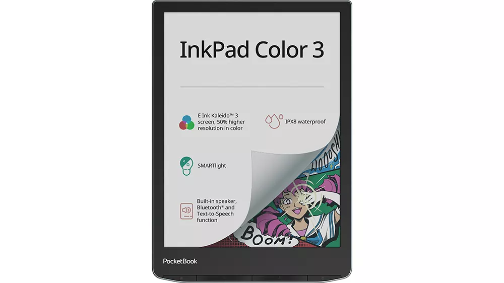Č&iacute;tačka kn&iacute;h PocketBook InkPad Color 3 743K3 na bielom pozad&iacute; zobrazuj&uacute;ca farebn&yacute; displej s otvorenou knihou