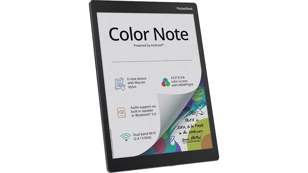 Čtečka knih PocketBook 1041 Color Note Stormy Sea na bílém pozadí ukazující displej s funkcemi čtečky