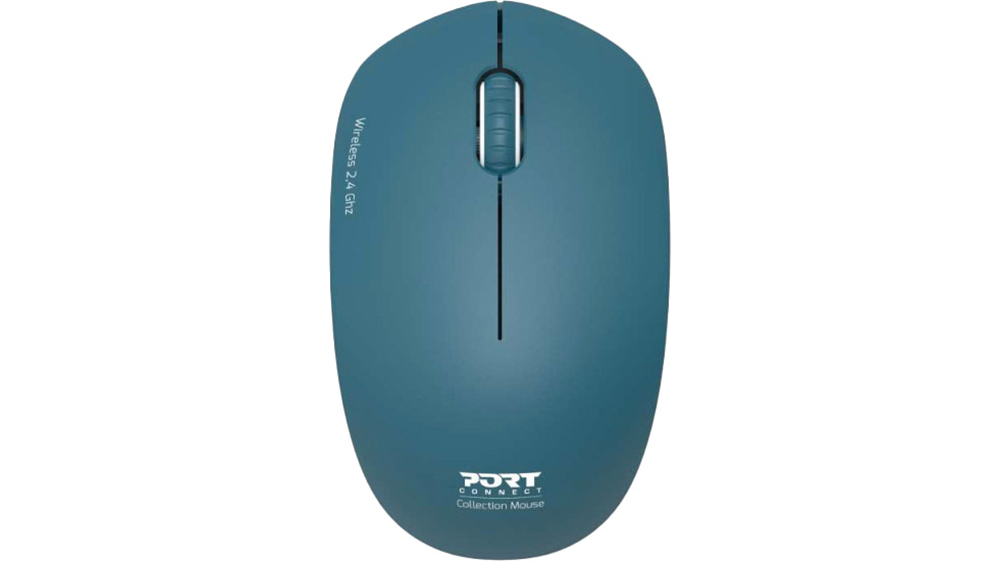 Bezdrátová myš Port Connect Collection II RF Sapphire na bílém pozadí zobrazující ergonomický tvar a hlavní tlačítka