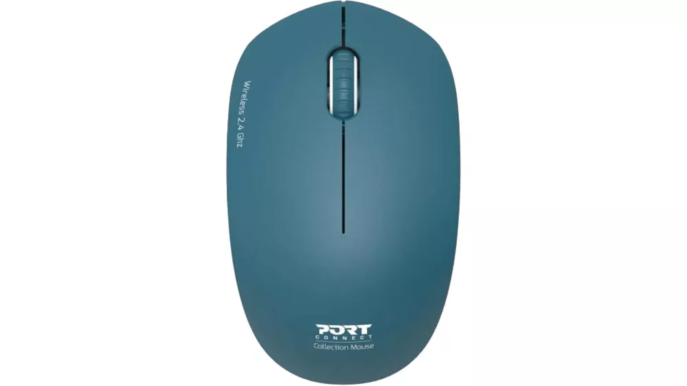 Bezdr&ocirc;tov&aacute; my&scaron; Port Connect Collection II RF Sapphire na bielom pozad&iacute; zobrazuj&uacute;ca ergonomick&yacute; tvar a hlavn&eacute; tlačidl&aacute;
