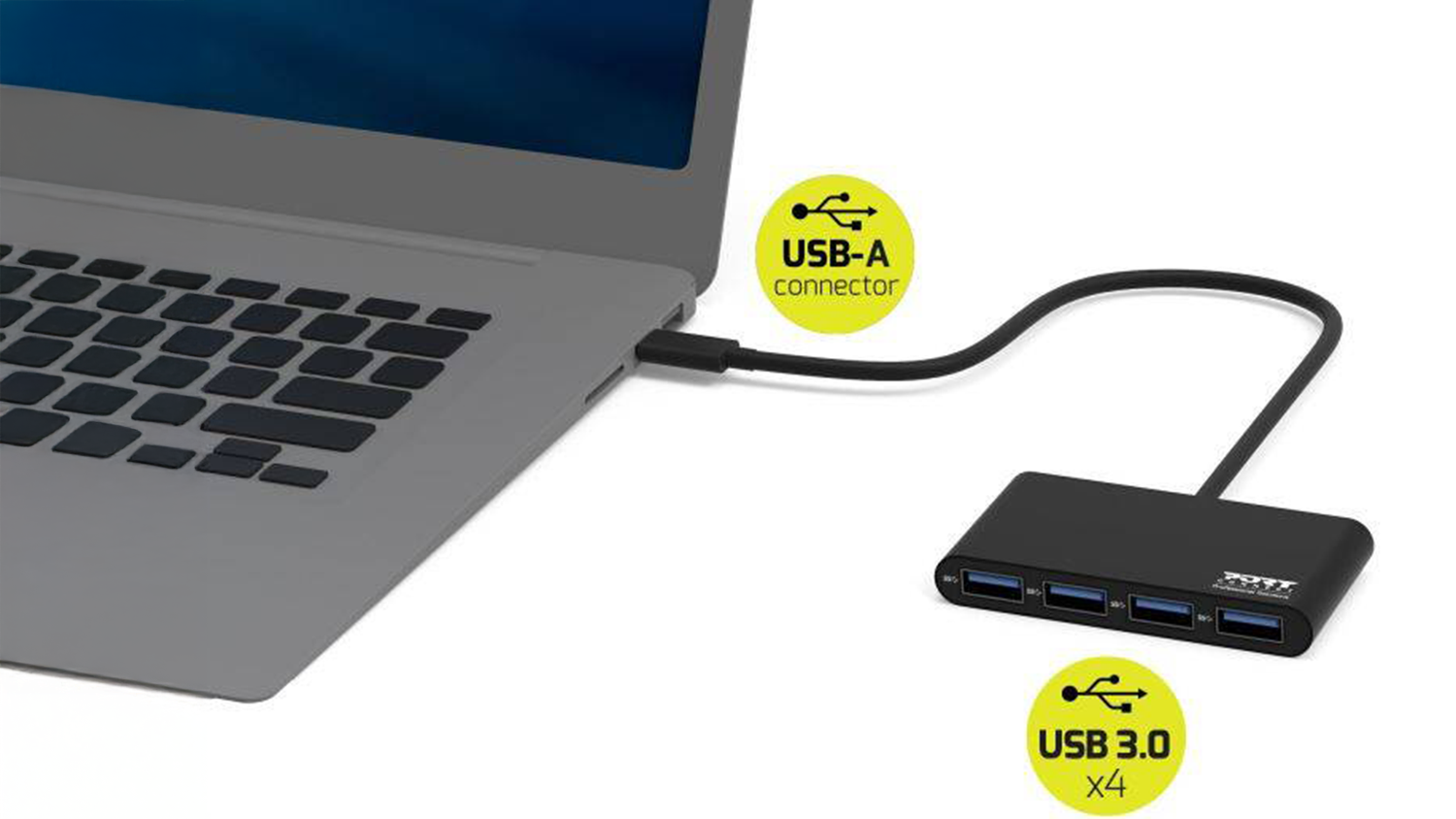USB rozbočovač Port Connect připojen&yacute; k notebooku