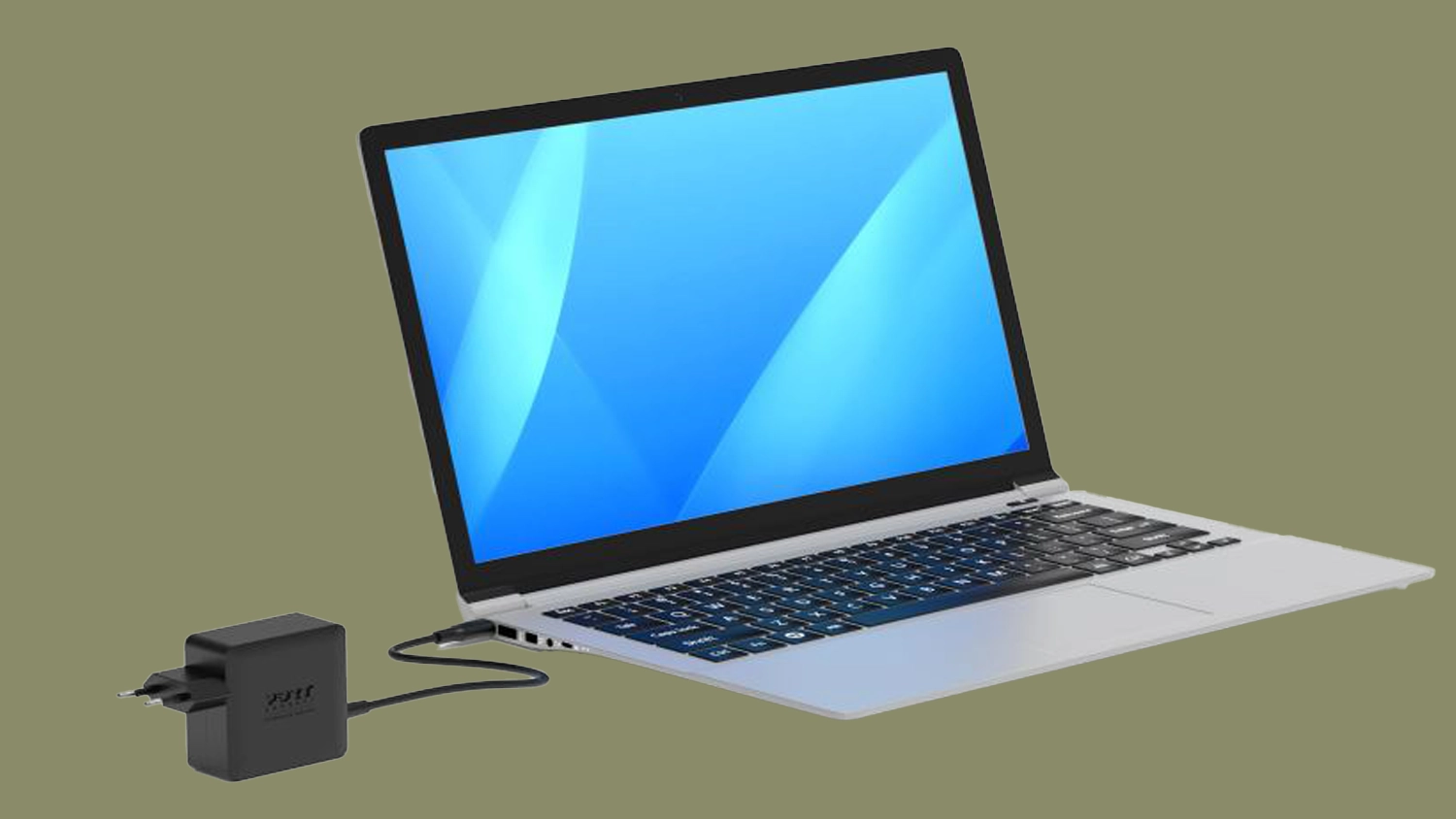 Nap&aacute;jec&iacute; adapt&eacute;r PORT Connect PLUG-IN 65 W čern&yacute; zapojen&yacute; do notebooku