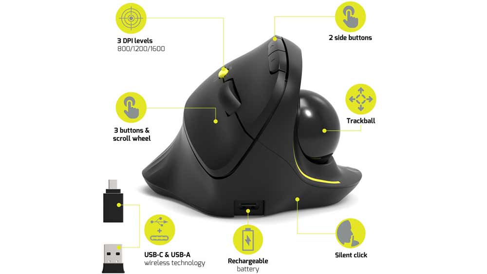 Ergonomická myš Port Designs WRL USB-A/C 900719, černá, popis jednotlivých funkcí_03