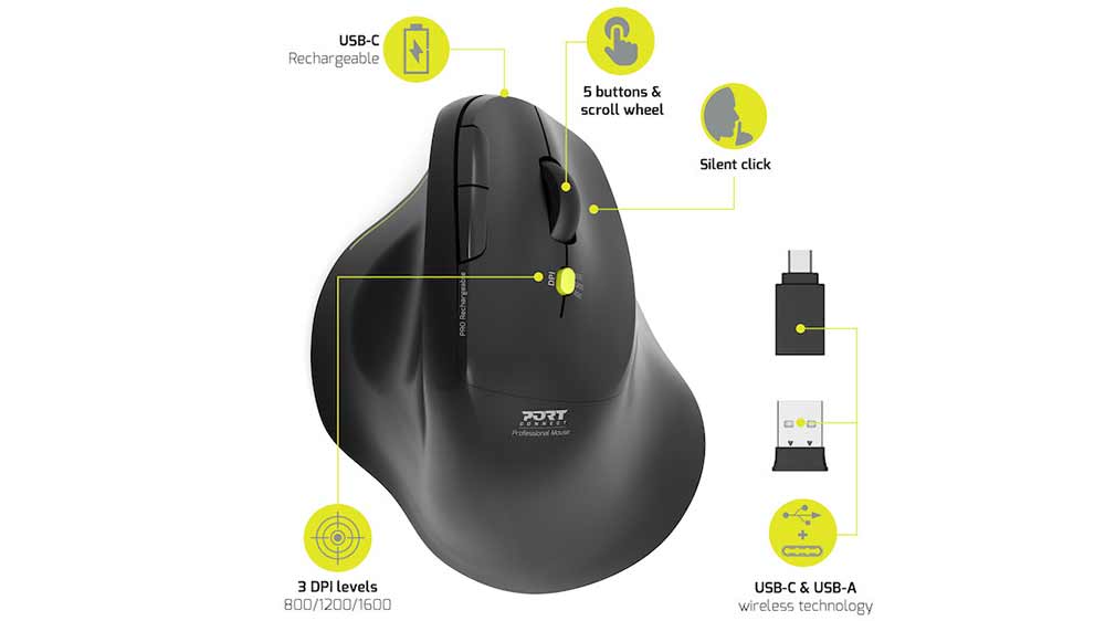 Ergonomická myš Port Connect WRL USB-A/BT 910200, černá, popis jednotlivých funkcí_03