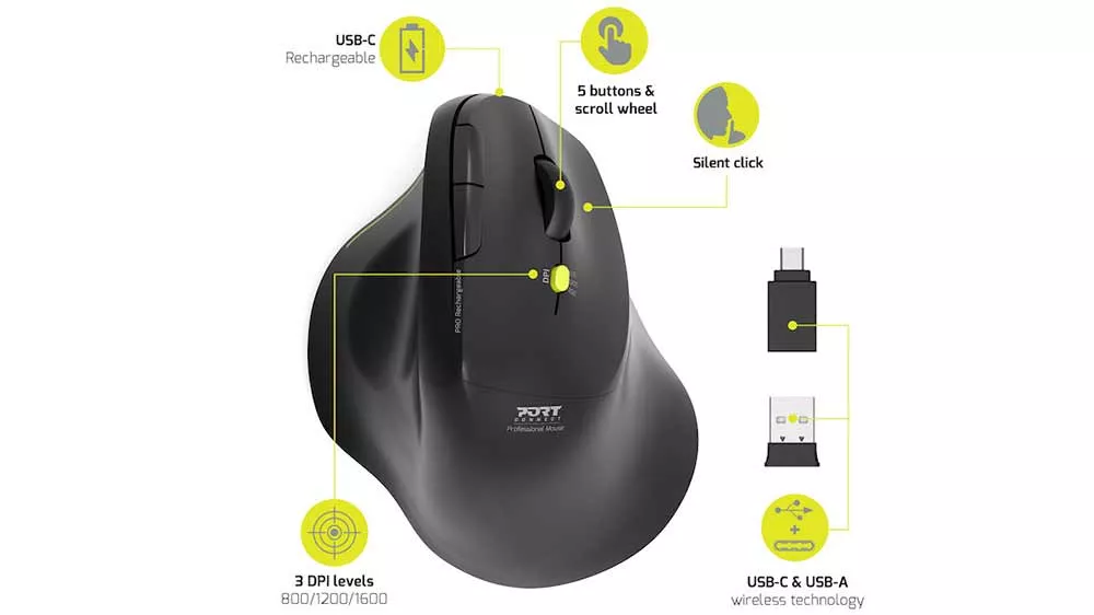 Ergonomická myš Port Connect WRL USB-A/BT 910200, čierna, popis jednotlivých funkcií_03