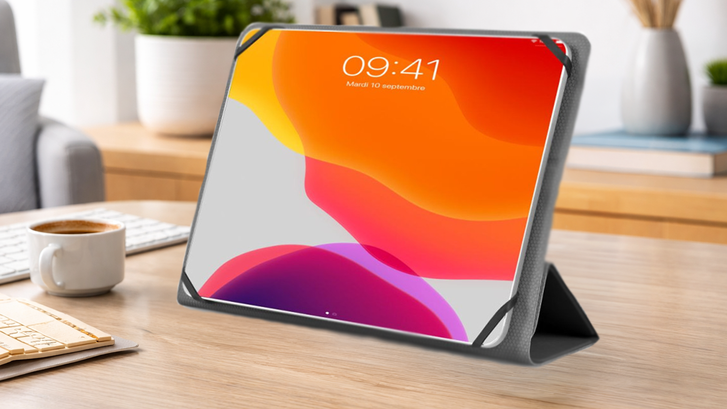 Tablet na pracovnom stole v ochrannom p&uacute;zdre