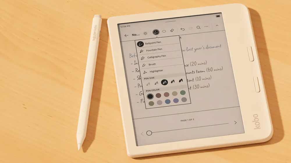 Dotykové pero Rakuten Kobo Stylus 2 White vedľa čítačky kníh Kobo s ponukou farebného zvýraznenia textu na displeji čítačky_03